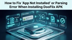 DooFlix APK troubleshooting process showing a parsing error, package repair, and successful installation.