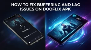 Two phones showing DooFlix streaming, with one experiencing buffering while the other plays smoothly.