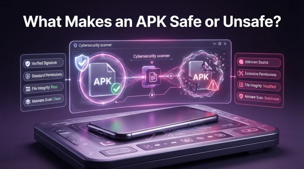 Cyber security scan showing safe and potentially dangerous app properties on a mobile device.
